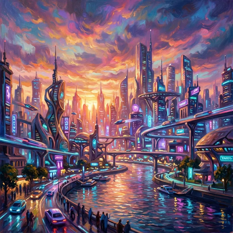 Vibrant Cyberpunk Sunset: Ethereal Cityscape in Impressionist Style