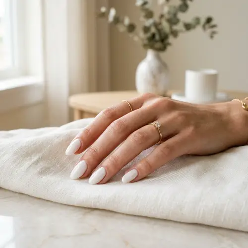 Elegant Natural White Nail Manicure | Serene Atmosphere