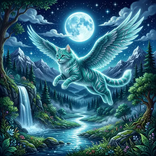 Majestic Teal Cat with Wings in Enchanting Forest Scene