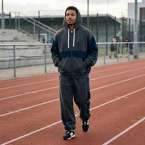 Diverse Male Model in Oversized Sports Suit with Hood