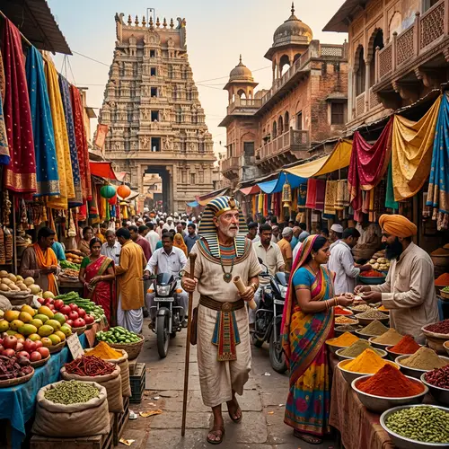 Ancient Egyptian explores colorful bazaar in vibrant India