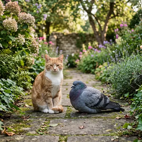 Peaceful Cat and Large Pigeon in Serene Ambiance