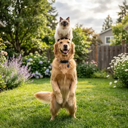 Playful Dog Balancing Cat on Head in Backyard