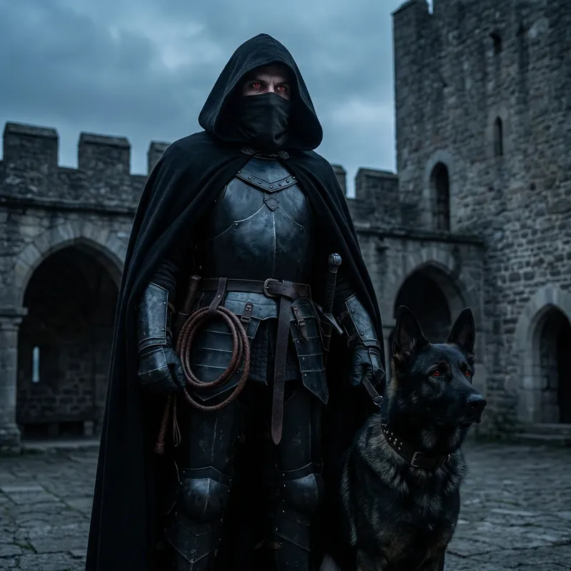 Tall Male Figure in Black Armor: Gothic Medieval Portrayal
