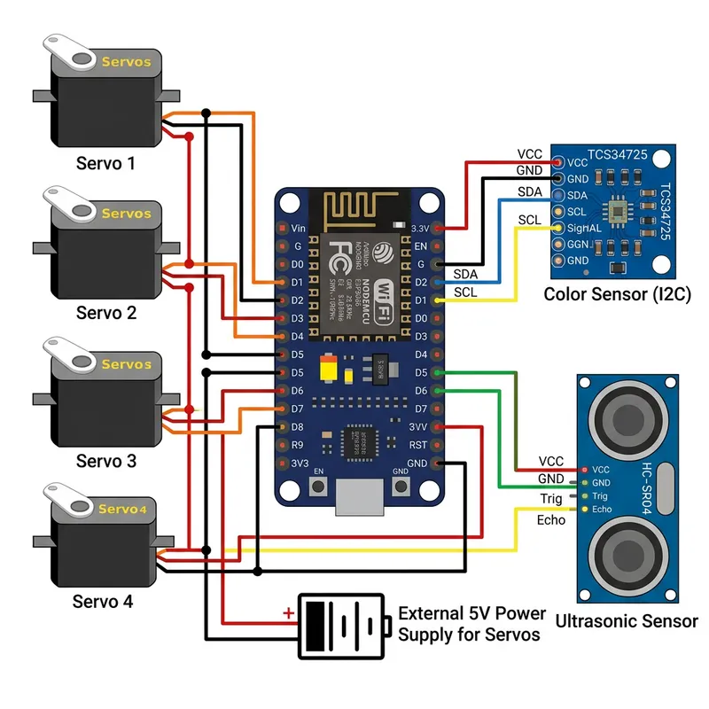 Arduino 8266 Circuit with 4 Servos & Sensors Arduino 8266 Circuit with 4 Servos & Sensors