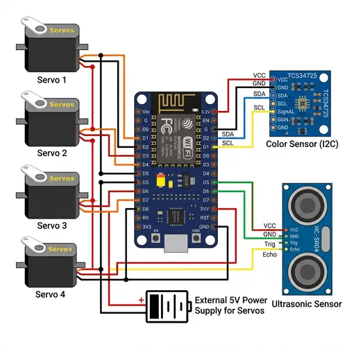 Arduino 8266 Circuit with 4 Servos & Sensors