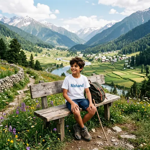 Boy Sitting in Picturesque Location | Nishand White T-shirt