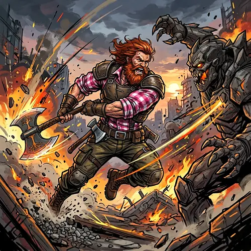 Stylish Redhead Lumberjack Superhero | Action-Packed Battle Scene