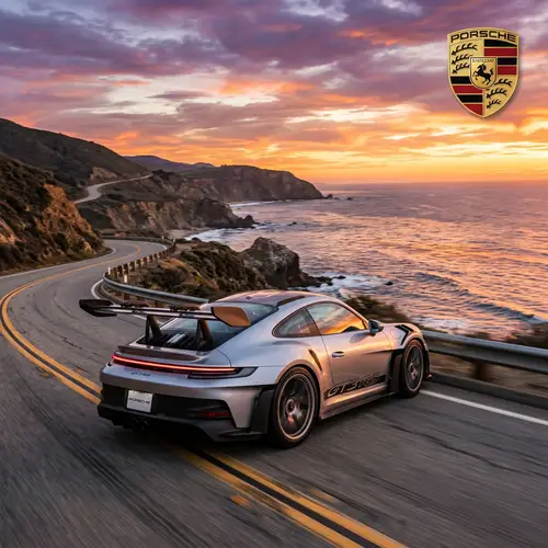 Luxury Porsche Sports Car Racing Along Coastal Highway at Sunset