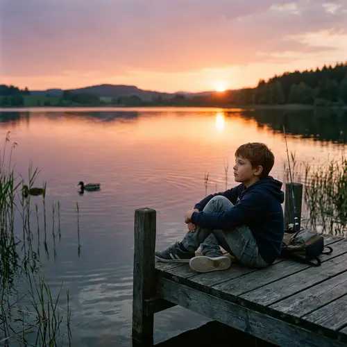 Peaceful Reflection: Boy Contemplating Sunset by the Lake
