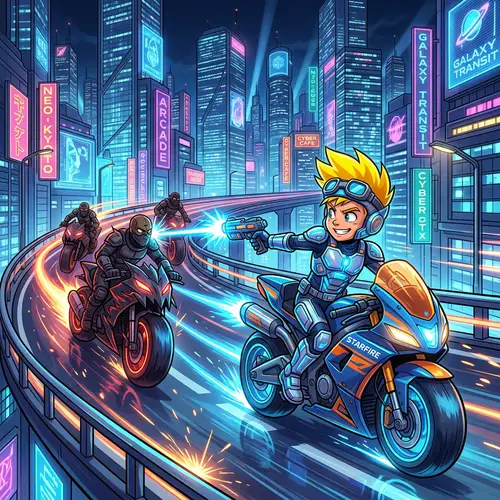 Futuristic Young Boy in Neon Cityscape | Action Cartoon Art