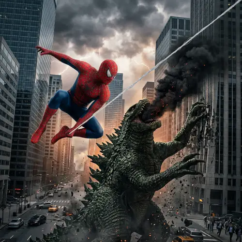 Spiderman fighting Godzilla 