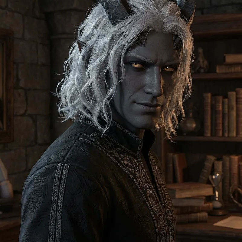 Expressive 21-Year-Old Male Tiefling with Golden Eyes | Dark Grey Skin Expressive 21-Year-Old Male Tiefling with Golden Eyes | Dark Grey Skin