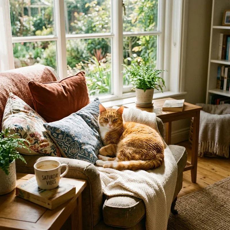 Calm Cat Basking in Sunlight on Soft Cushions Calm Cat Basking in Sunlight on Soft Cushions
