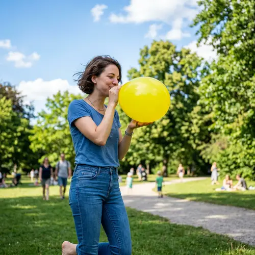 Caucasian Woman Inflating Bright Yellow Balloon in Sunny Park