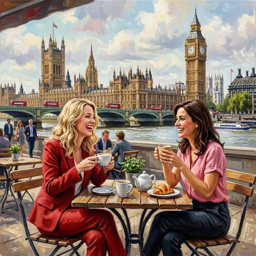 Blonde and Brunette Enjoy Coffee in England