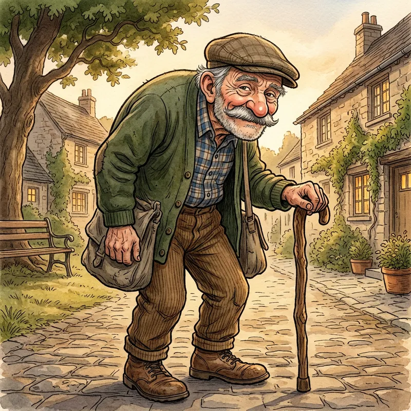 Elderly Man Leaning on Cane with Wisdom Gaze