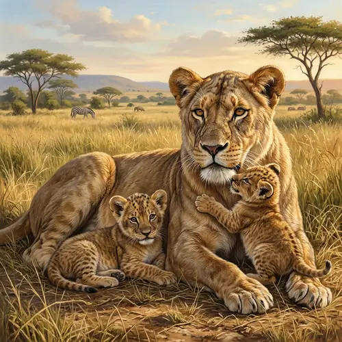 Realistic Lion with Two Lion Cubs Illustration