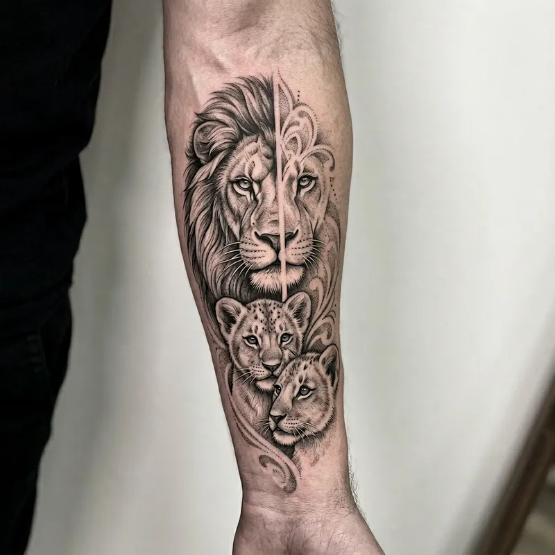 Realistic Lion Tattoo Design with Lion Cubs in Black & White Realistic Lion Tattoo Design with Lion Cubs in Black & White