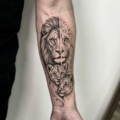 Realistic Lion Tattoo Design with Two Lion Cubs in Black and White