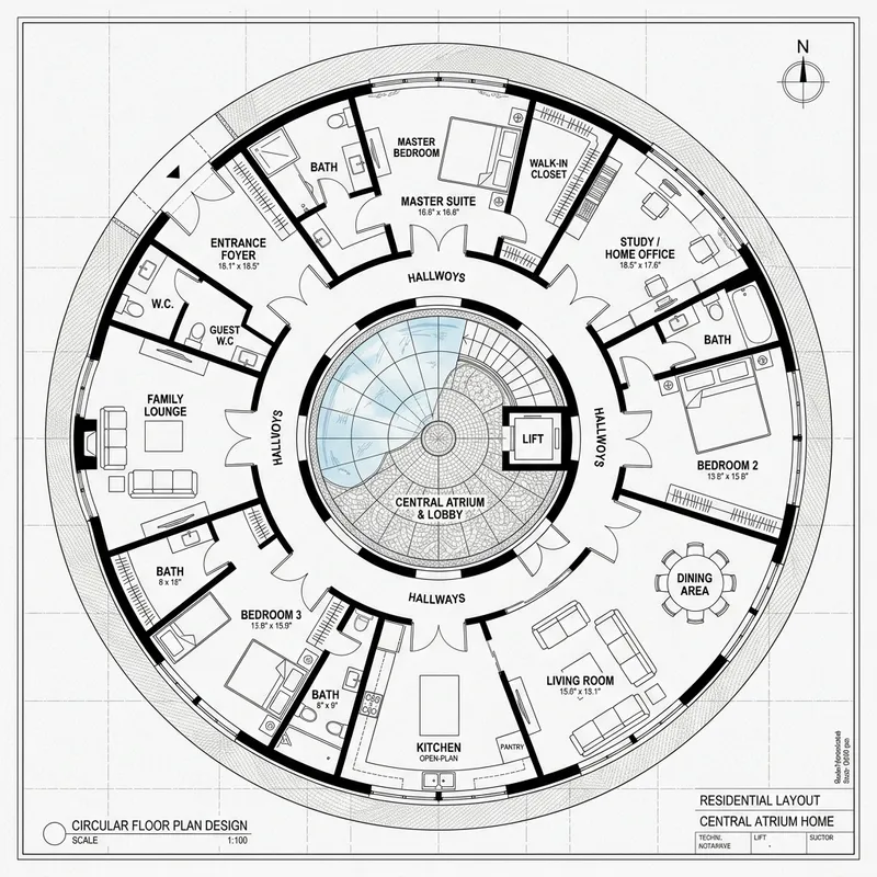 Circular Floor Plan Design: Symmetrical Layout & Room Distribution