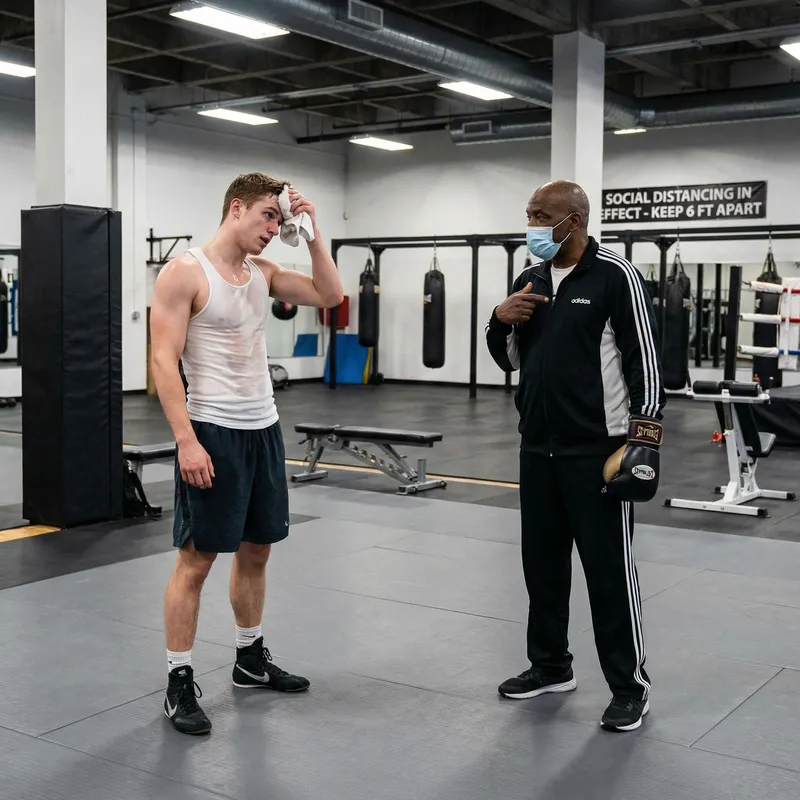 Sweating Young Man in White Tank Top at Gym with Trainer Guidance
