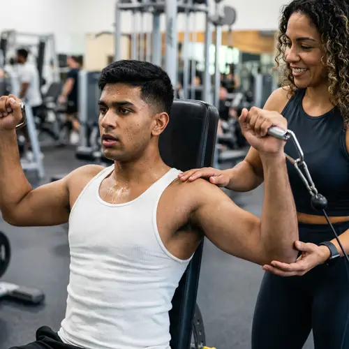 Sweating Young Man Correcting Chest Workout with Hispanic Trainer