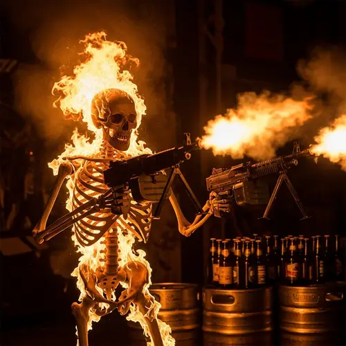 Fiery Skeleton with Machine Guns and Beer