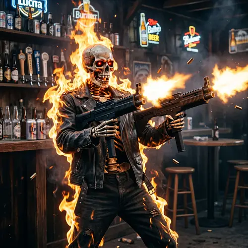 Fiery Skeleton with Machine Guns and Beer