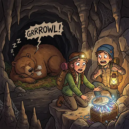 Cartoon Illustration: Discovering Shimmering Necklace in Cavern