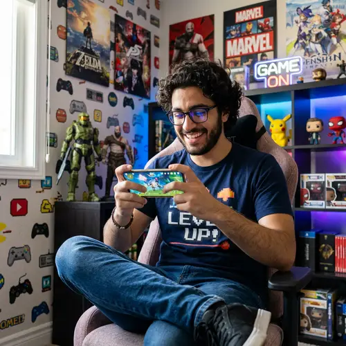 Passionate Curly Hair Guy: Mobile Gaming Enthusiast