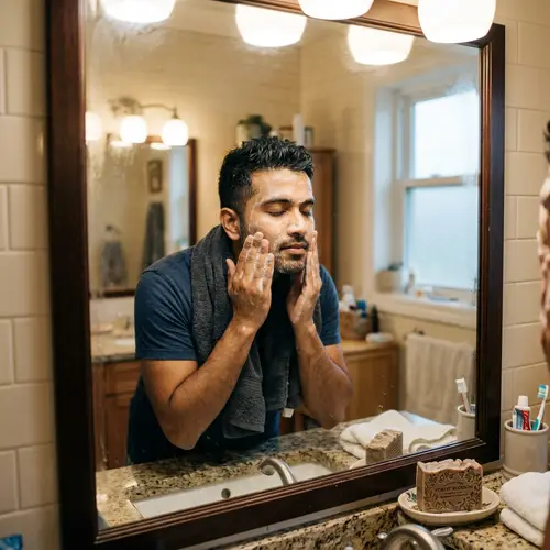 Refreshing Skin Care Routine in Bathroom with South Asian Person