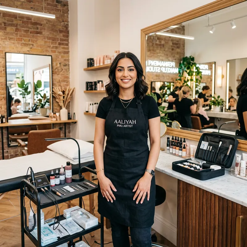 Confident South Asian Permanent Makeup Artist in Beauty Salon Confident South Asian Permanent Makeup Artist in Beauty Salon