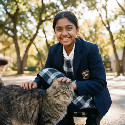 Lovable South Asian Middle School Girl Petting Cat