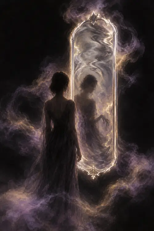 Surreal Silver Mirror in Dreamlike Darkness