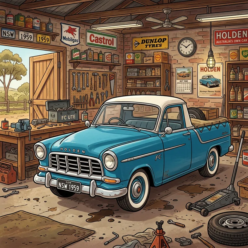 1959 FC Holden Ute Cartoon Style in Garage