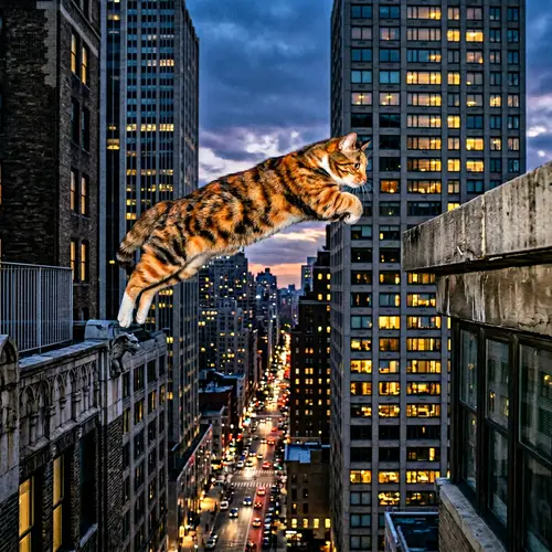 Cat Jumping Between Buildings - A Twilight Adventure