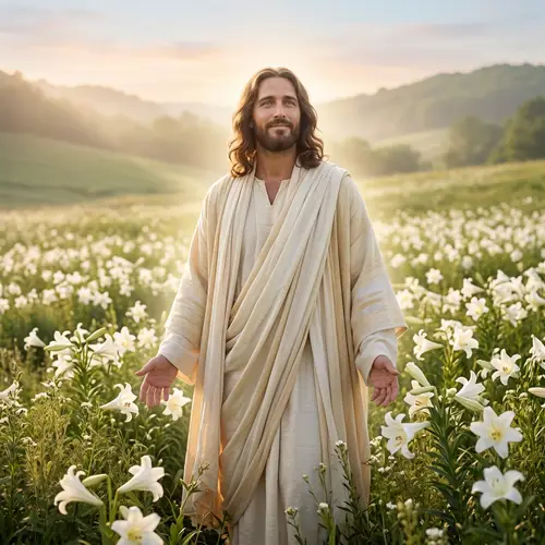 Divine Figure Among Lily Flowers - Tranquil Resurrection Moment