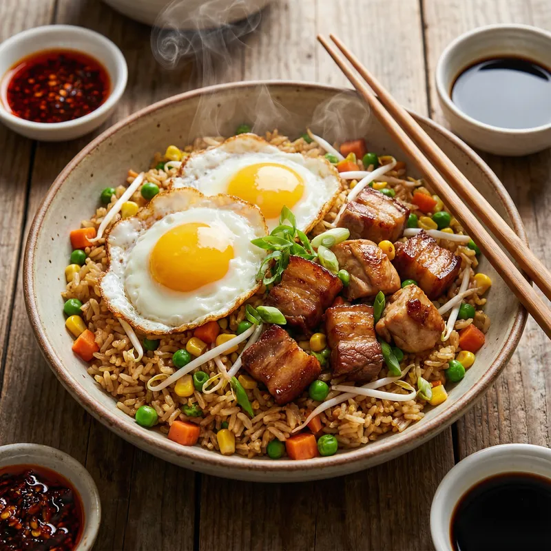 Authentic Vietnamese Fried Rice Bowl with Vegetables and Meat