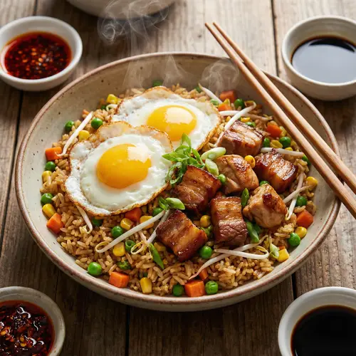 Delicious Fried Rice Bowl with Vegetables, Eggs, and Meat