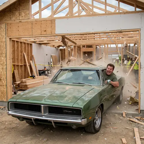 Muscle Man Driving Car Through House Under Construction