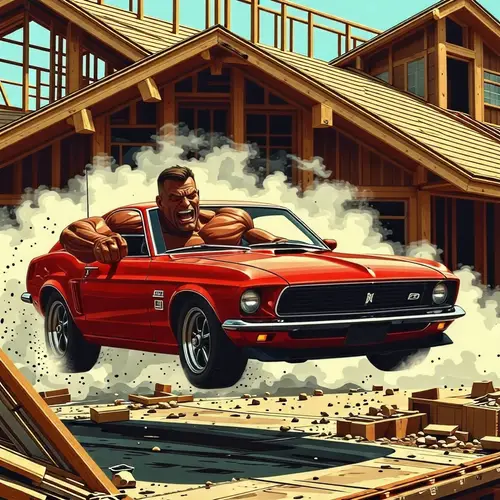 Muscle Man Driving Car Through House Under Construction