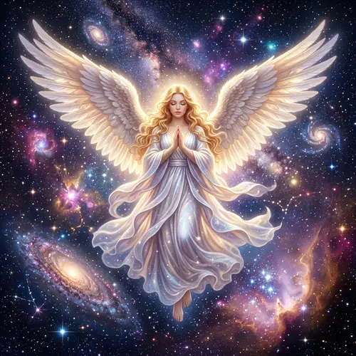 Majestic Angel with Feathered Wings | Celestial Cosmic Scene