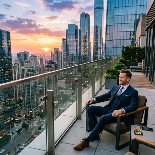Urban Style: Serenity at Heights | Man in Suit on Skyscraper