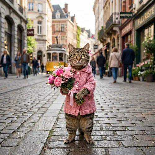 Stylish Tabby Cat in Pink Coat with Flowers