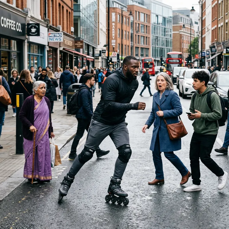 Black Man Gliding Through Crowd in Urban Setting