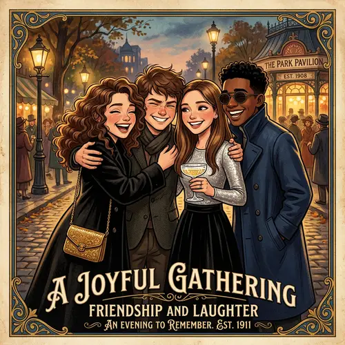 Vintage Animated Poster with Charming Characters Embracing Each Other