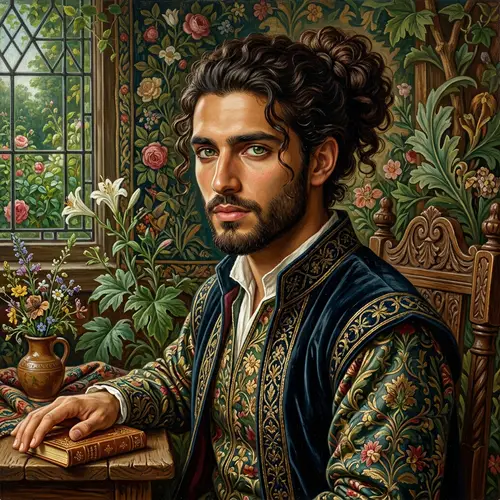 Pre-Raphaelite Style Portrait of a Young Man with Green Eyes and Brown Curly Hair