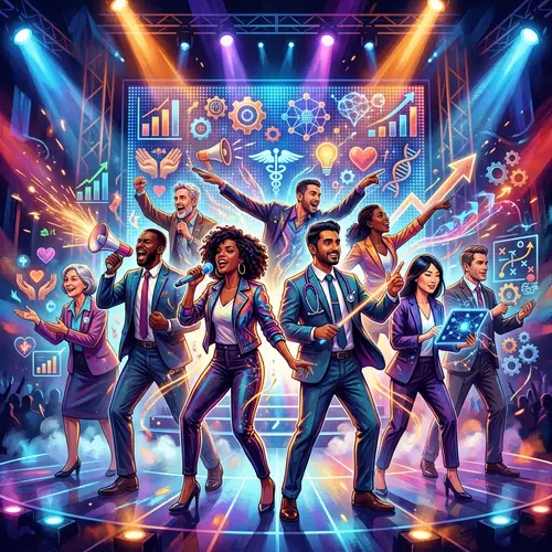 Multicultural Mix of Business Strategists and Experts Performing on Stage