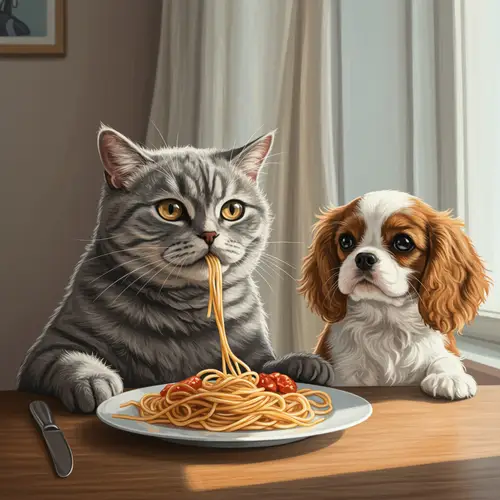 Cute Cat and Puppy Share Spaghetti in Morning Light